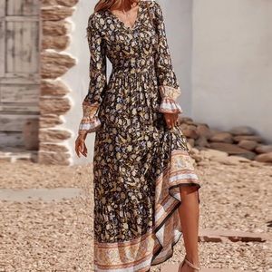 Brown cream floral print long bishop sleeve boho gypsy maxi dress